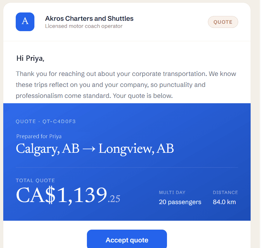 The quote email the customer receives: the operator's logo, the route, the total and an Accept quote button