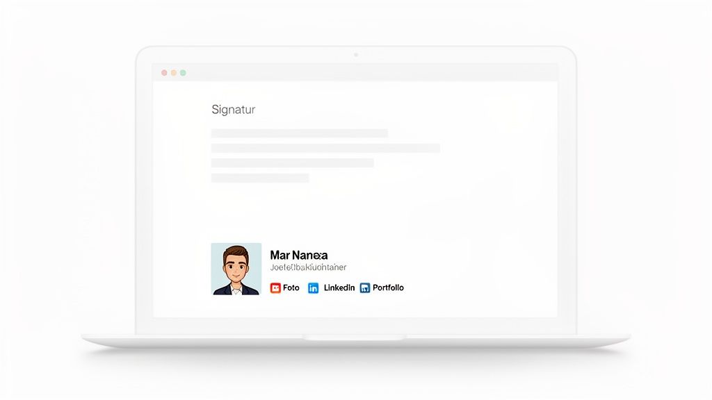 Ein Laptop zeigt eine professionelle E-Mail-Signatur mit Profilbild, Namen und Social-Media-Links.