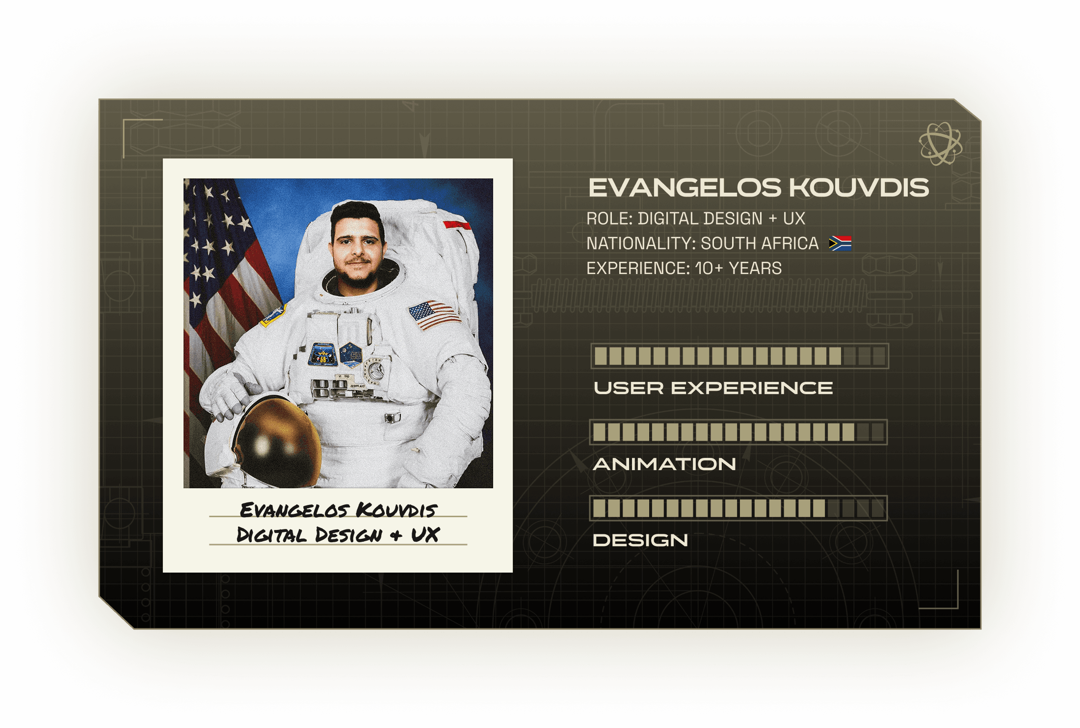 Polaroid photo of a person in a spacesuit with American flag, accompanied by digital stats highlighting their role in digital design and UX, with over ten years of experience, against a tech-themed background.