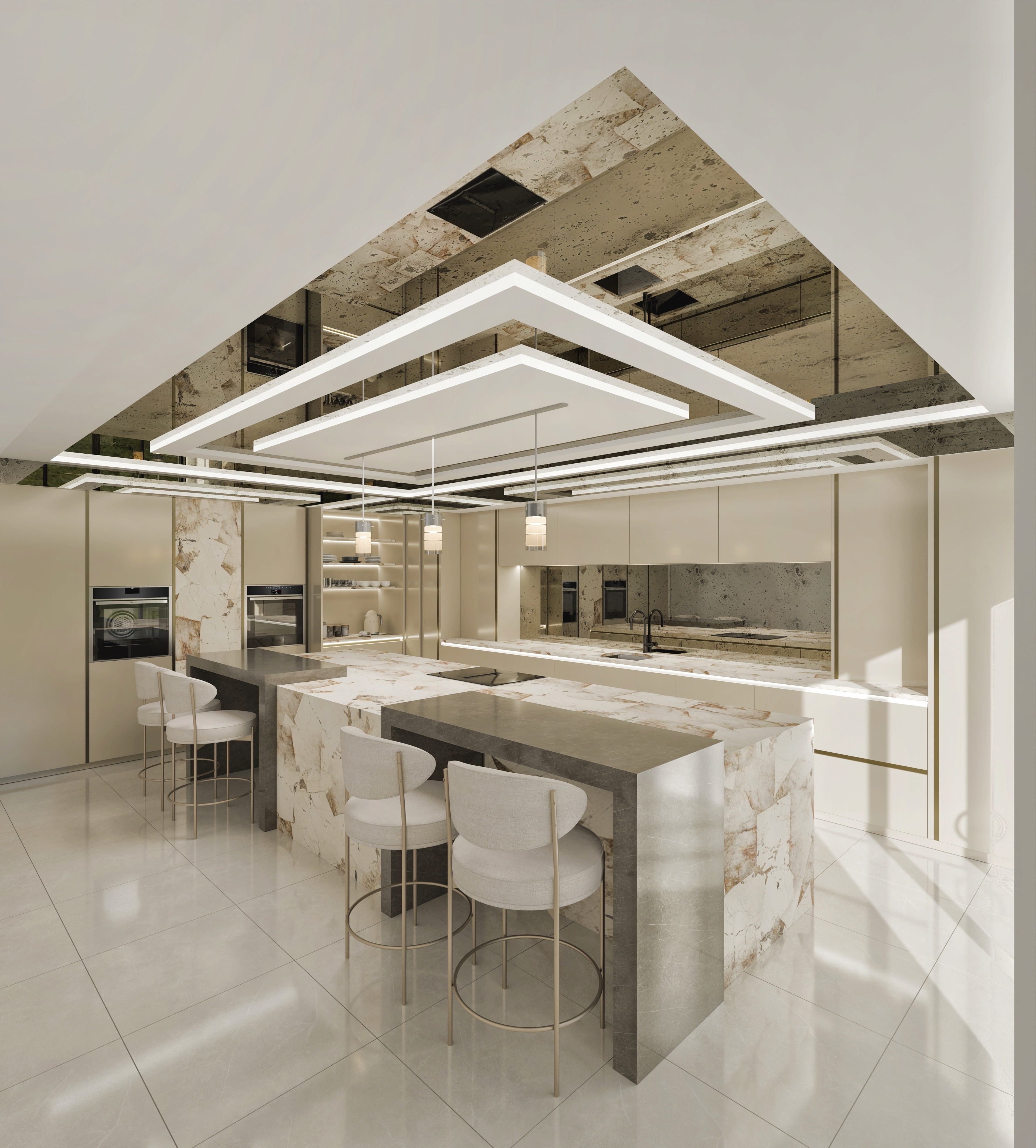 Modern building with glass walls, illuminated trees, and people overlooking a cityscape at sunset