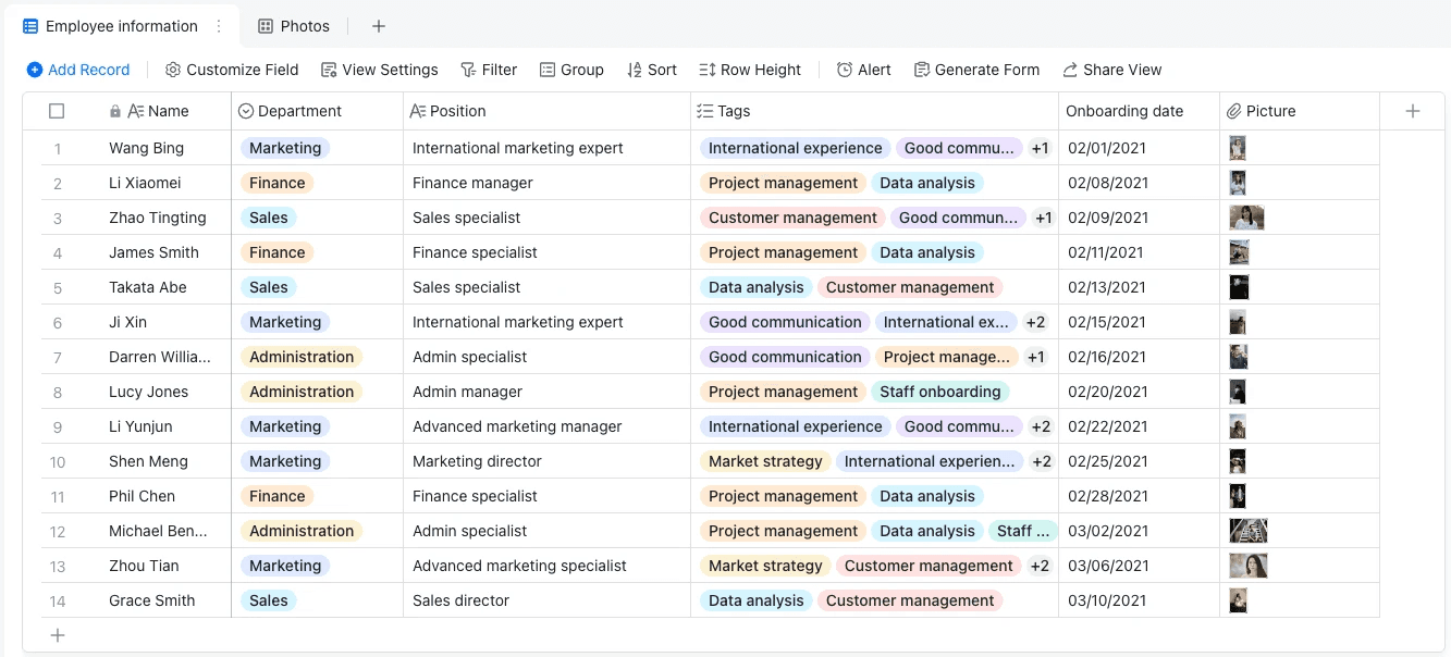 Employee directory template in Lark with fields including name, department, position, tags, onboarding date and picture