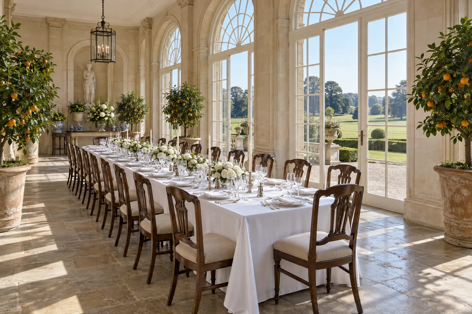 The Orangery laid for a private lunch: one long table in white linen between citrus trees, tall arched windows onto the park