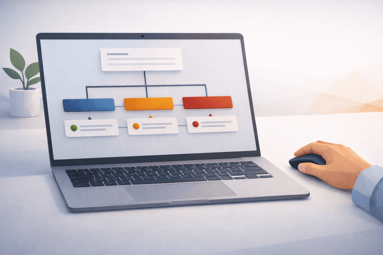 Modern flat illustration of a learning professional selecting choices on a laptop with a branching scenario flowchart, muted blue and neutral workspace design.