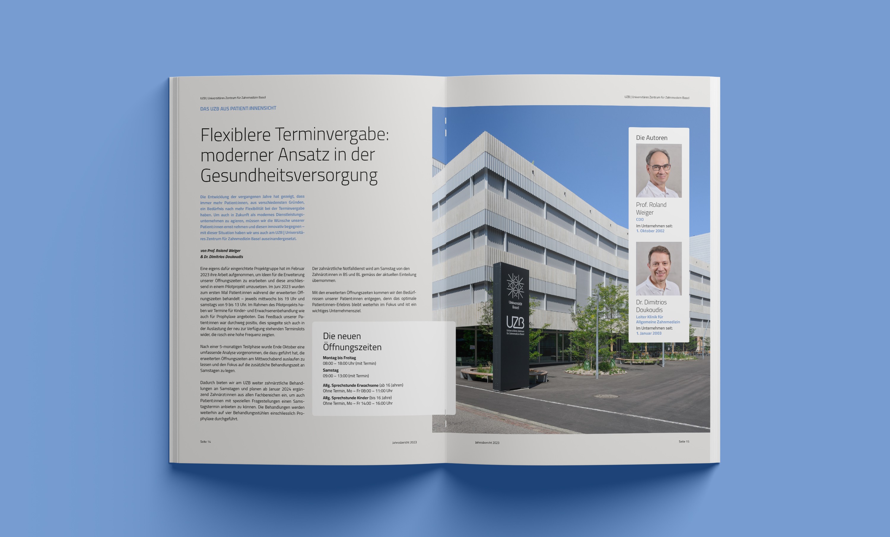 Layoutgestaltung des UZB Jahresberichts 2023 – präzise Rasterstruktur und klare Hierarchie im Editorial Design