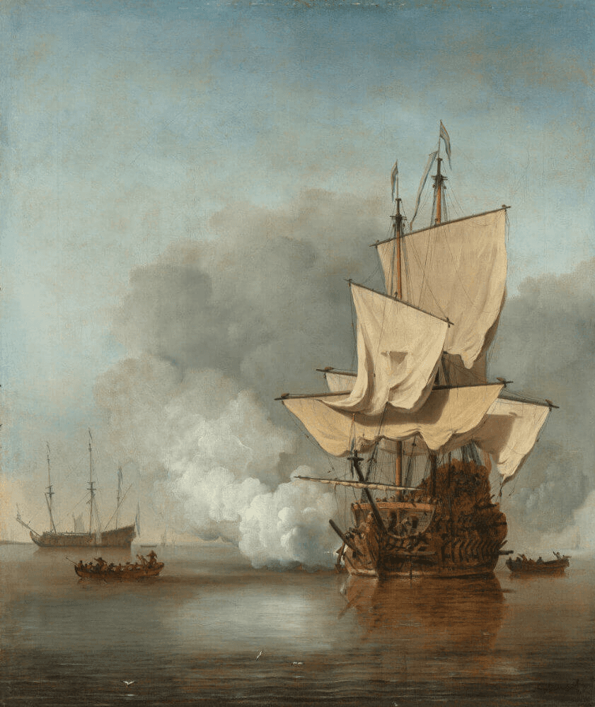 A historic sailing ship with large sails navigates calm waters, surrounded by soft clouds and another vessel.