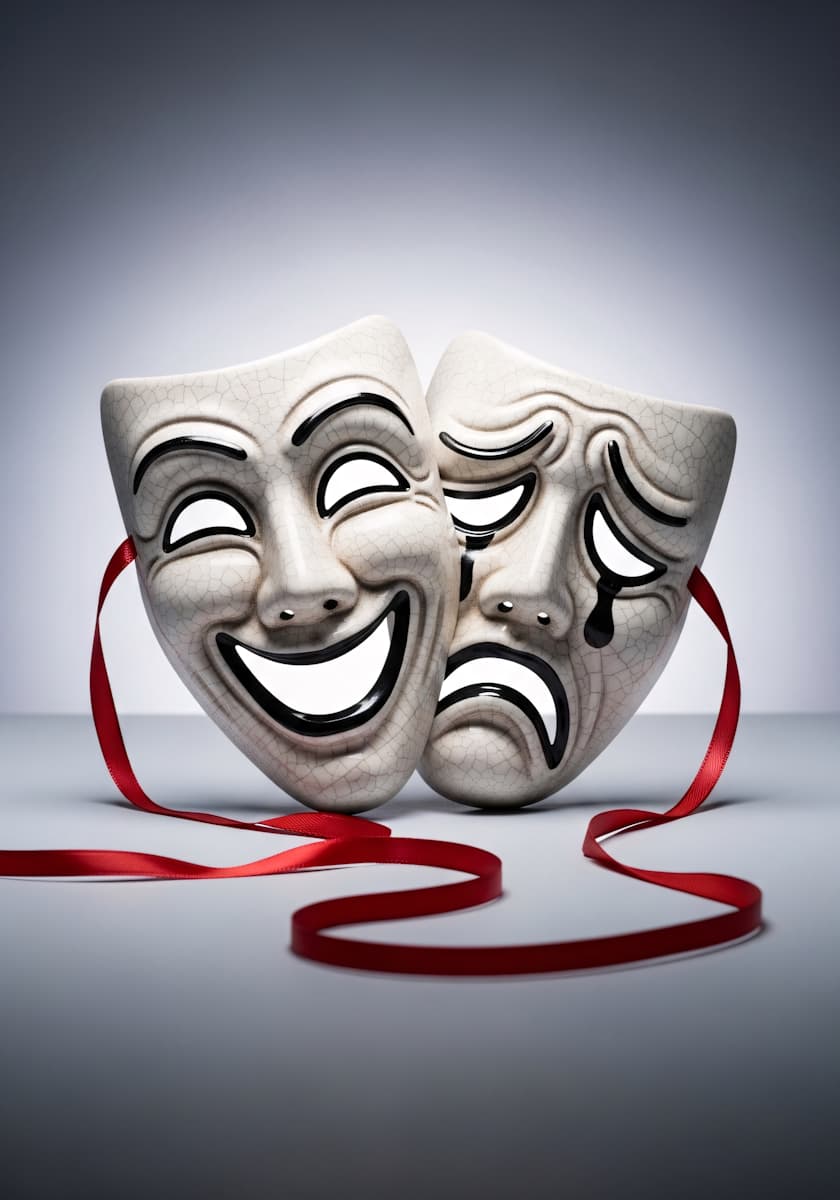Theatermasken: Komödie und Tragödie. Darstellende Kunst, Drama, Freude und Trauer. Rote Bänder.
