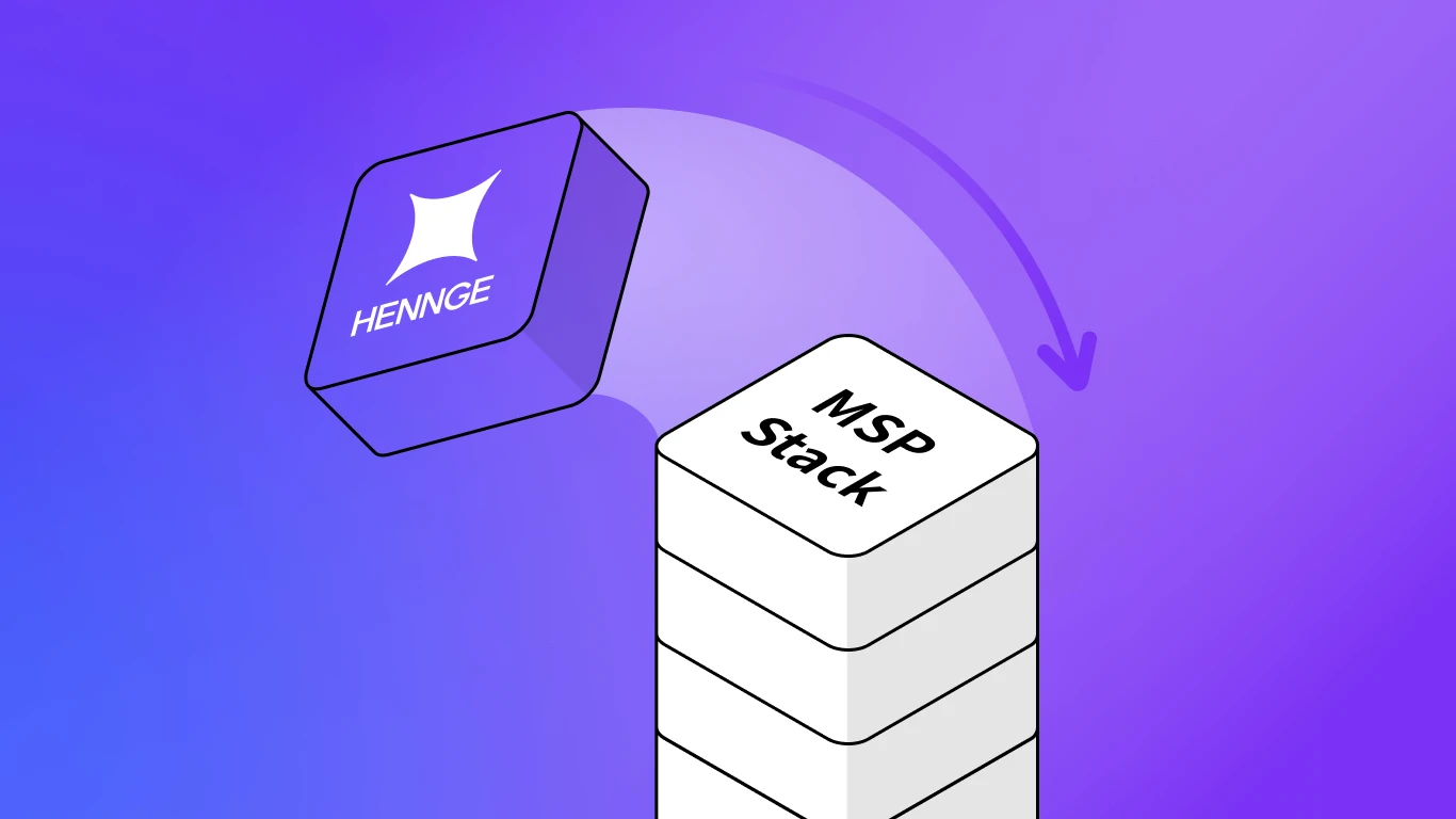A conceptual 3D isometric graphic showing a purple block with the HENNGE logo being added to a white 'MSP Stack' of blocks, illustrating how HENNGE Identity strengthens a Managed Service Provider's security layer.