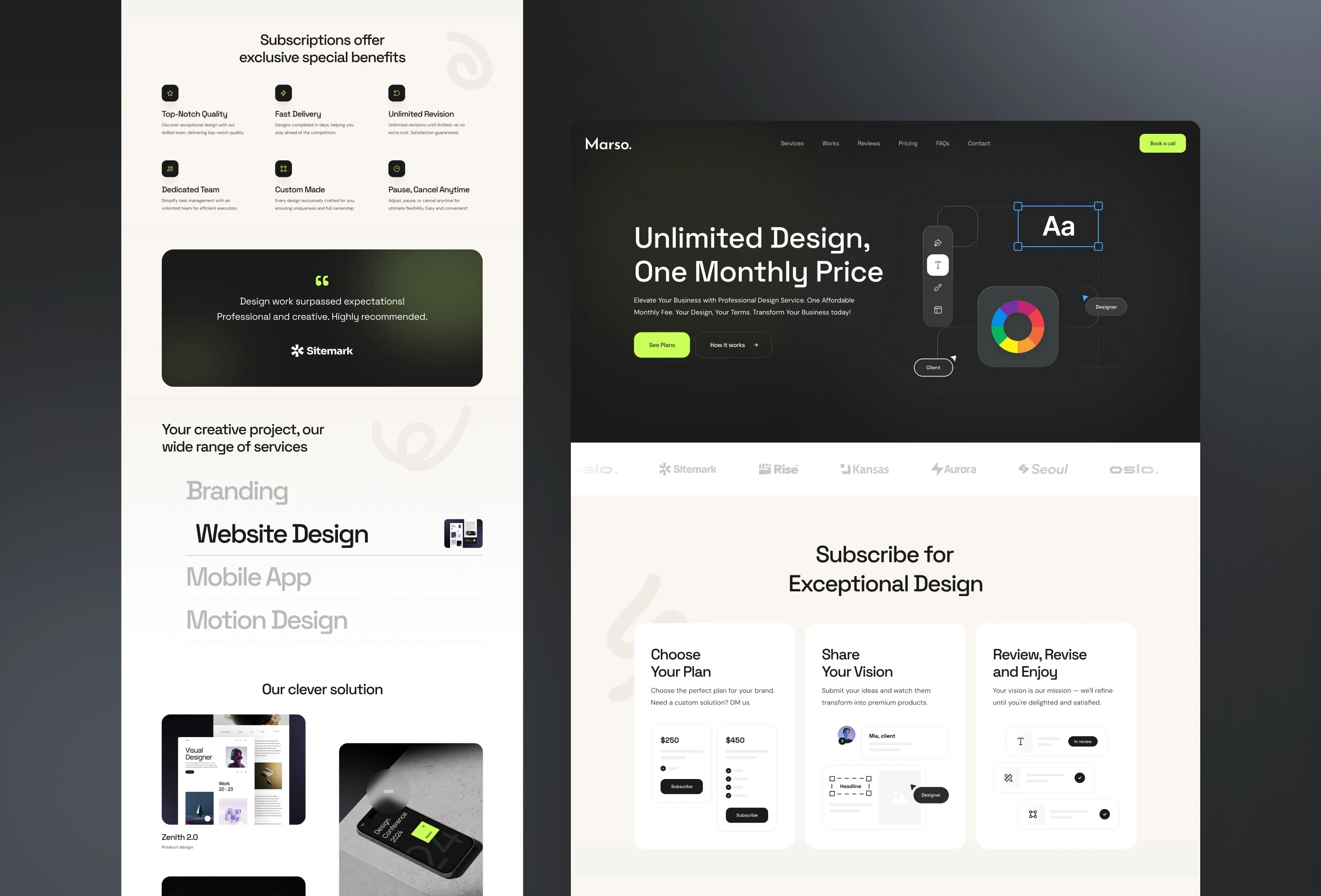 Marso marketing agency template with subscription pricing, service list, testimonials, and design-focused hero section.
