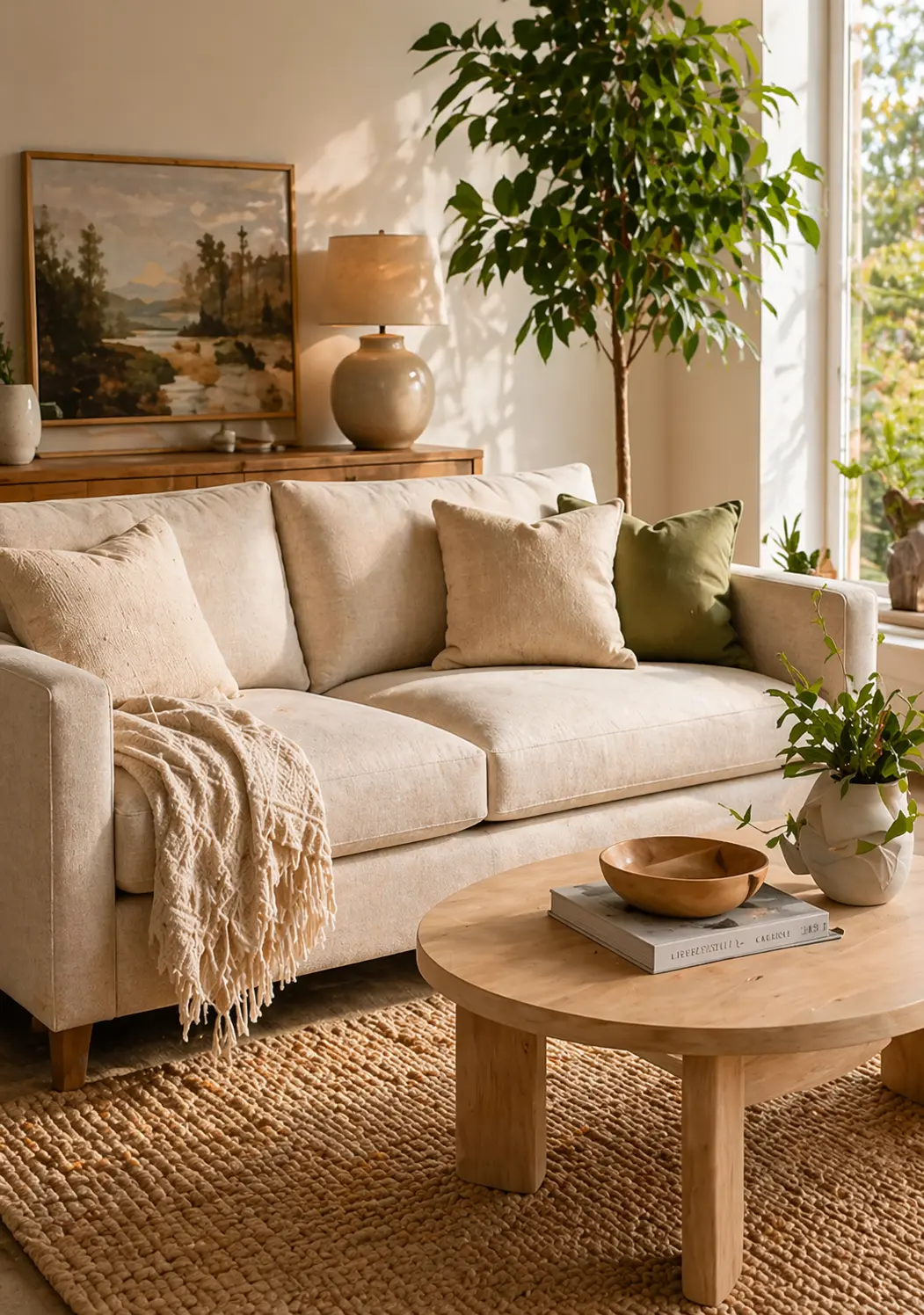 Sunlit, neutral-toned living room with a beige sofa, textured pillows, a wooden coffee table, and indoor plants creating a warm, modern space.