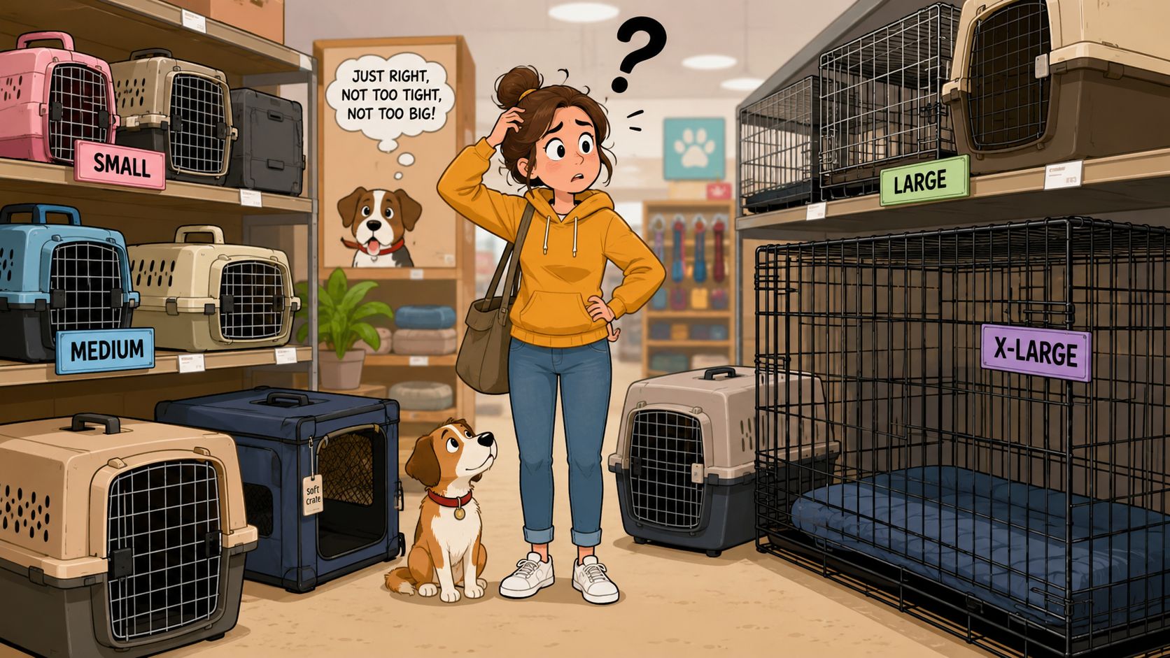 A girl with a puppy inside a pet store feeling confused about choosing the right dog crate.