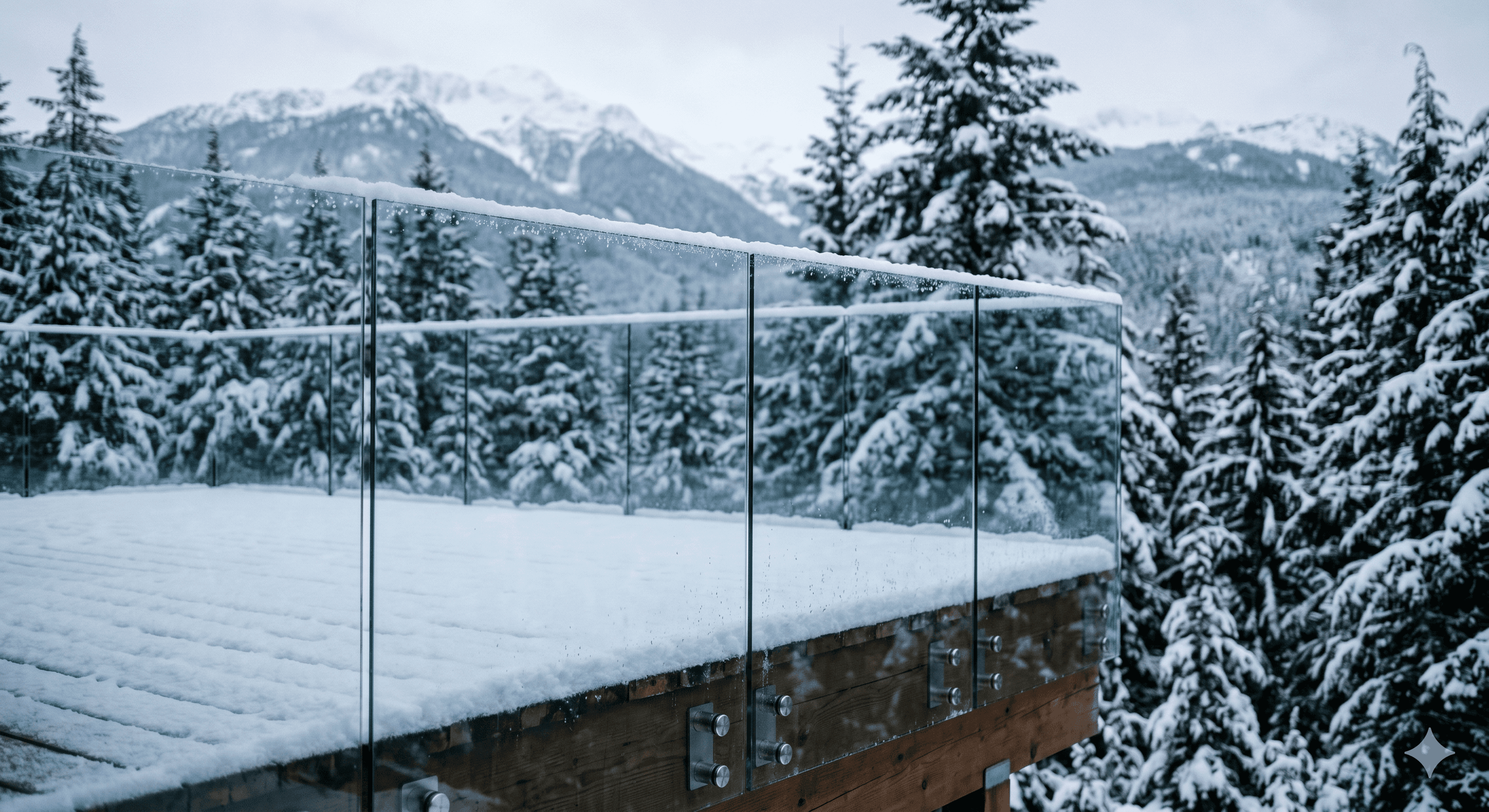Whistler glass railing engineered for snow load and freeze-thaw conditions on a mountain deck.