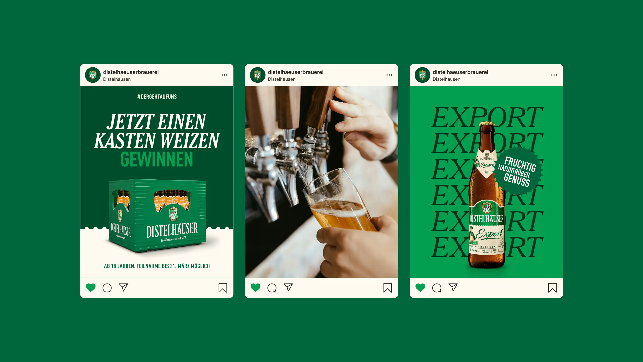 Drei Instagram-Beiträge der Distelhäuser Brauerei für Gewinnspiel, Ausschank und Exportbier