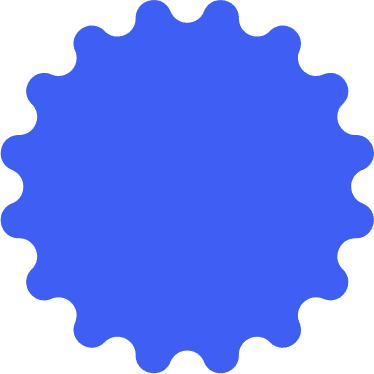 A blue, gear-shaped circle with scalloped edges and a solid fill on a transparent background.