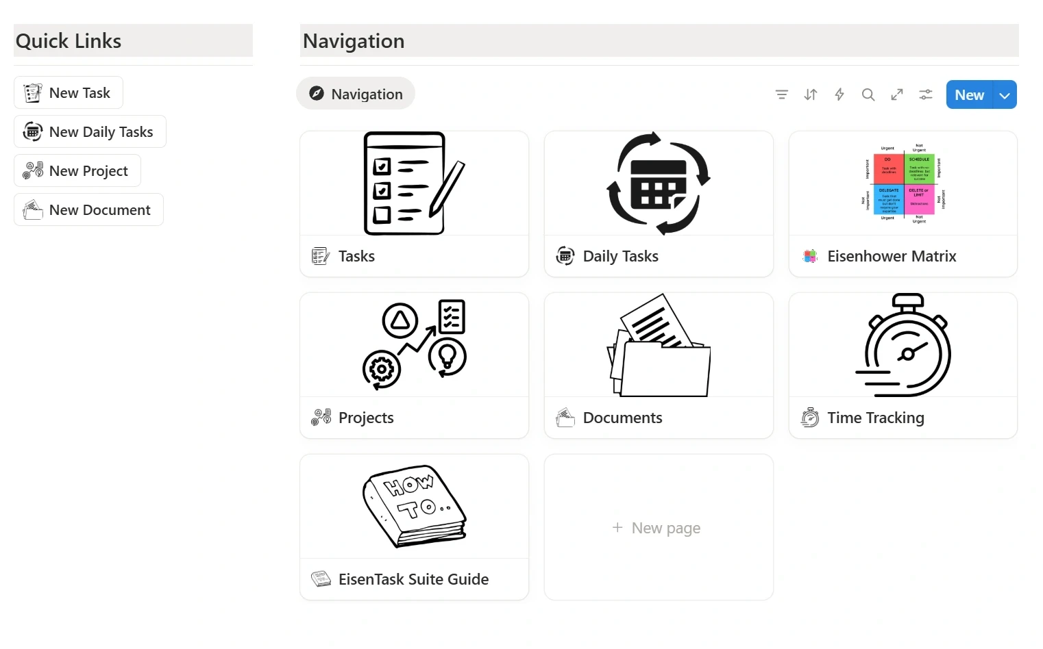 Navigation panel from EisenTask Suite displaying quick links to tasks, daily planning, Eisenhower Matrix, projects, documents, and time tracking sections