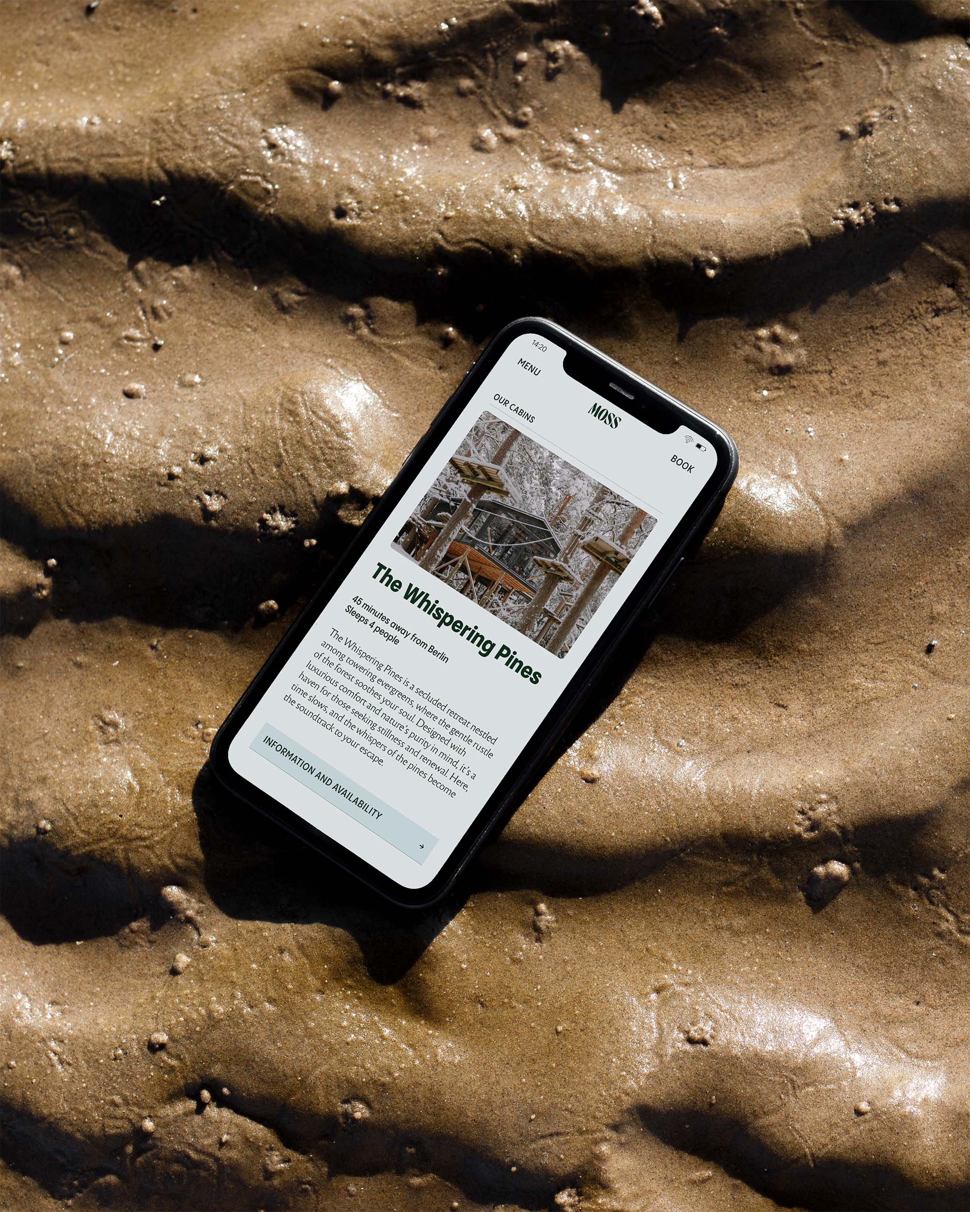 Moss website displayed on mobile phone showing cabin details on natural wood surface