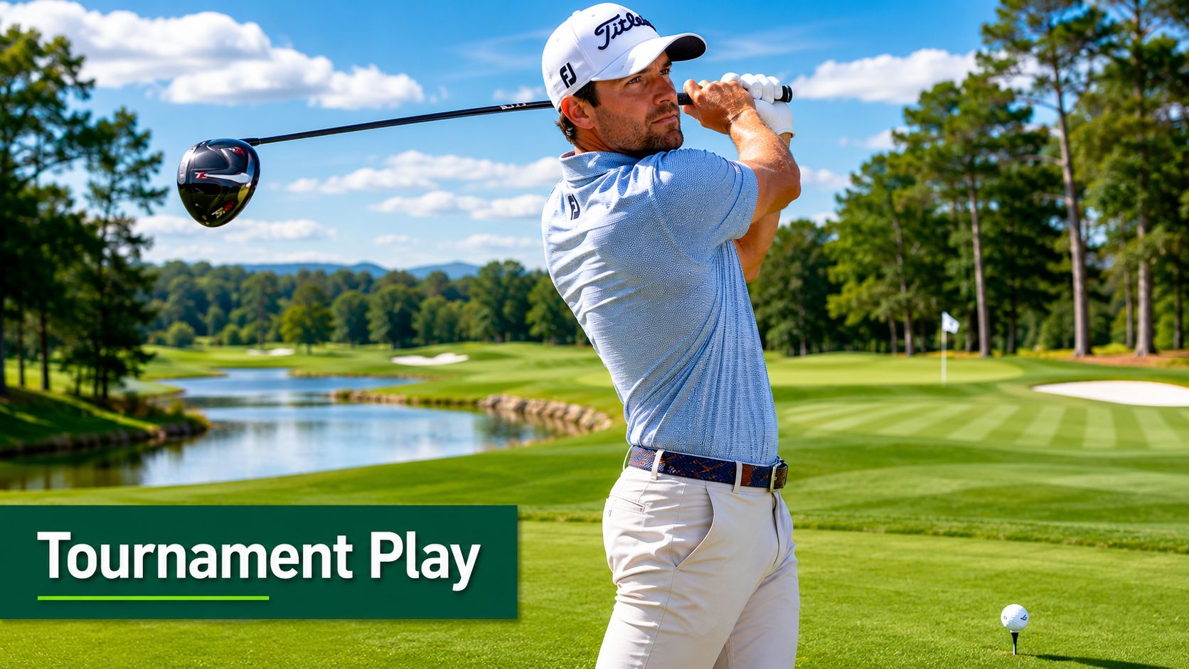 A professional golfer in a blue shirt swings his driver on a scenic golf course fairway.