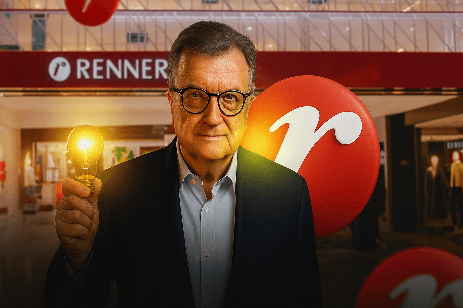 Homem executivo segurando uma lâmpada acesa dentro de um shopping, com loja da Renner ao fundo, representando visão estratégica, inovação e entendimento do comportamento do mercado.