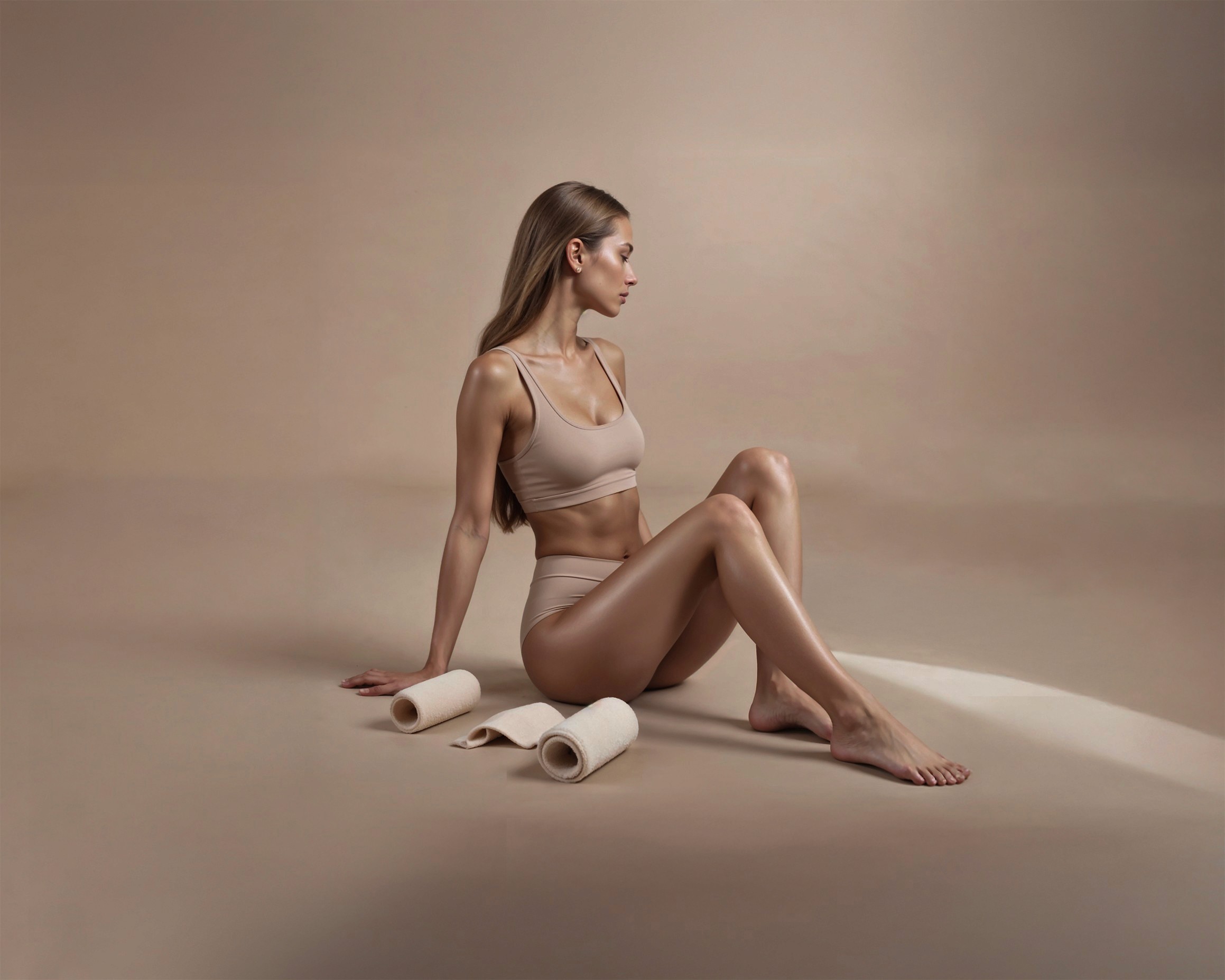 Portrait of a woman with long red hair and closed eyes, gently touching her face with both hands