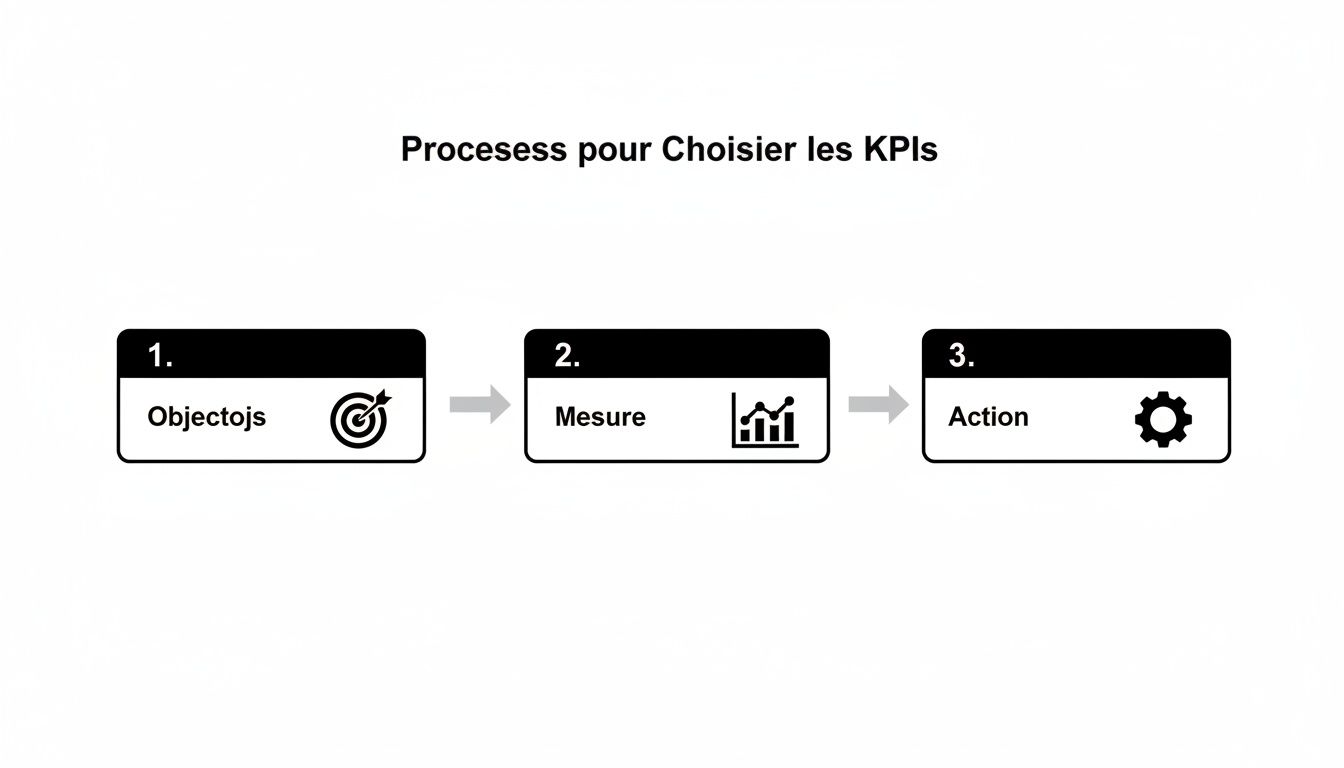 Diagramme montrant un processus en 3 étapes pour la sélection des KPIs: Objectifs, Mesure, Action.