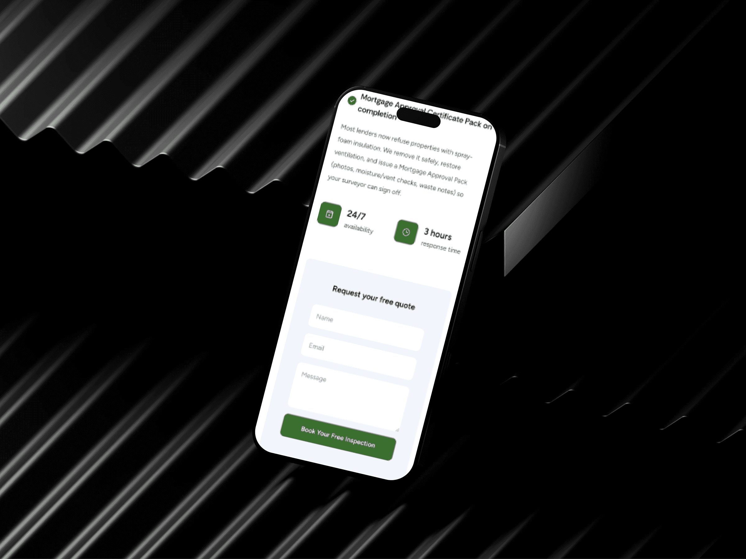 A smartphone displaying a website interface for mortgage services is placed on a black, ridged surface, showing a request form for a free quote with fields for name, email, and message, emphasizing financial services accessibility.