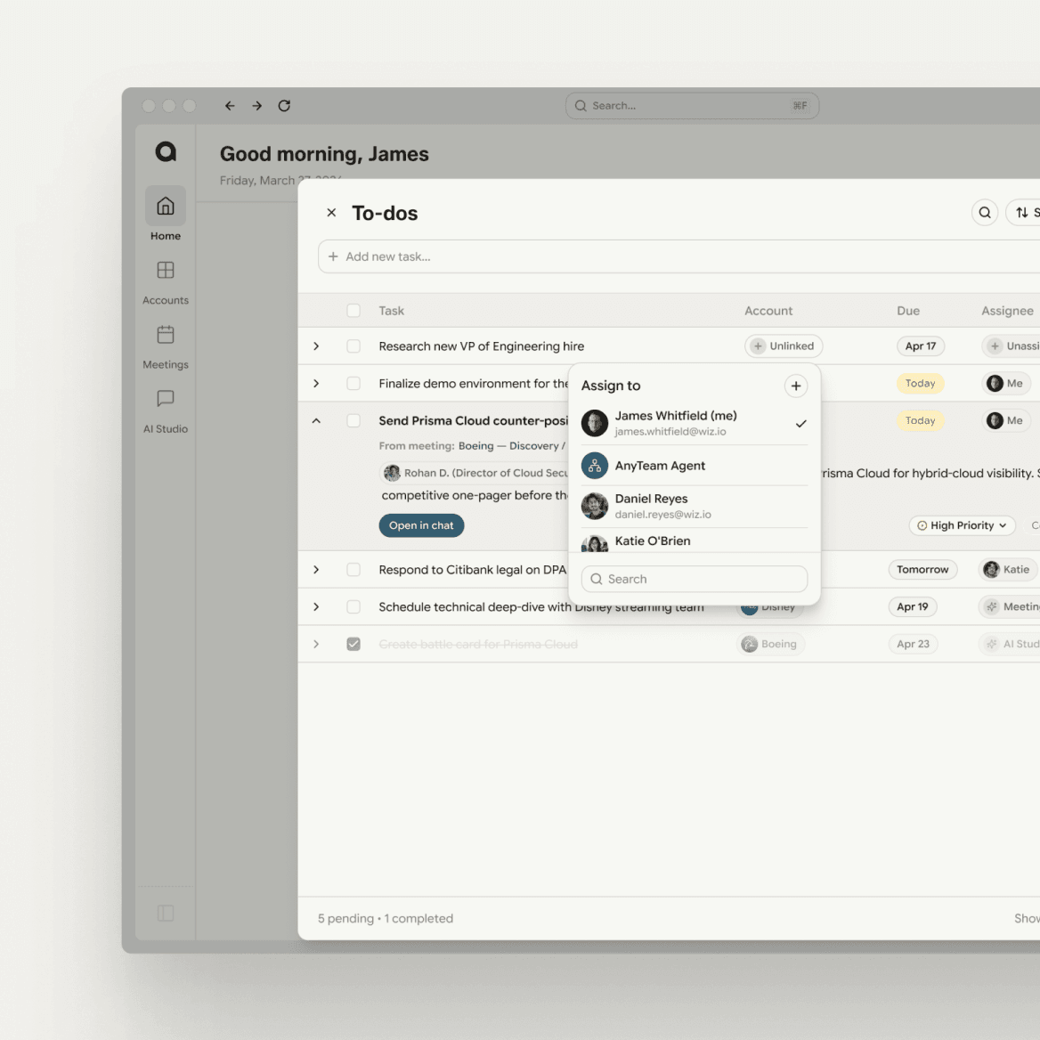 Post-call tasks interface