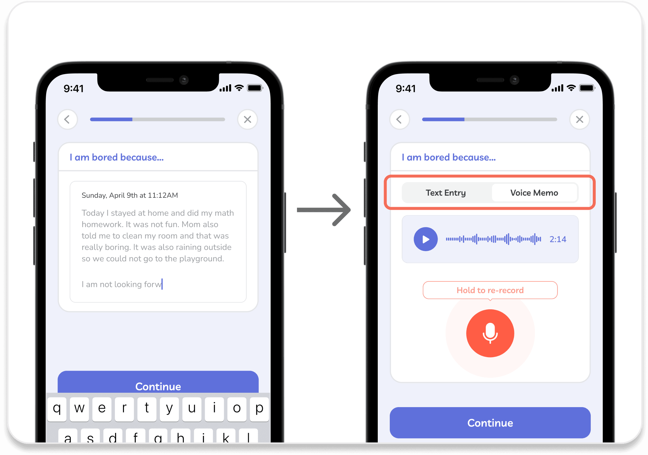 two screenshots displaying the addition of voice memos to the app