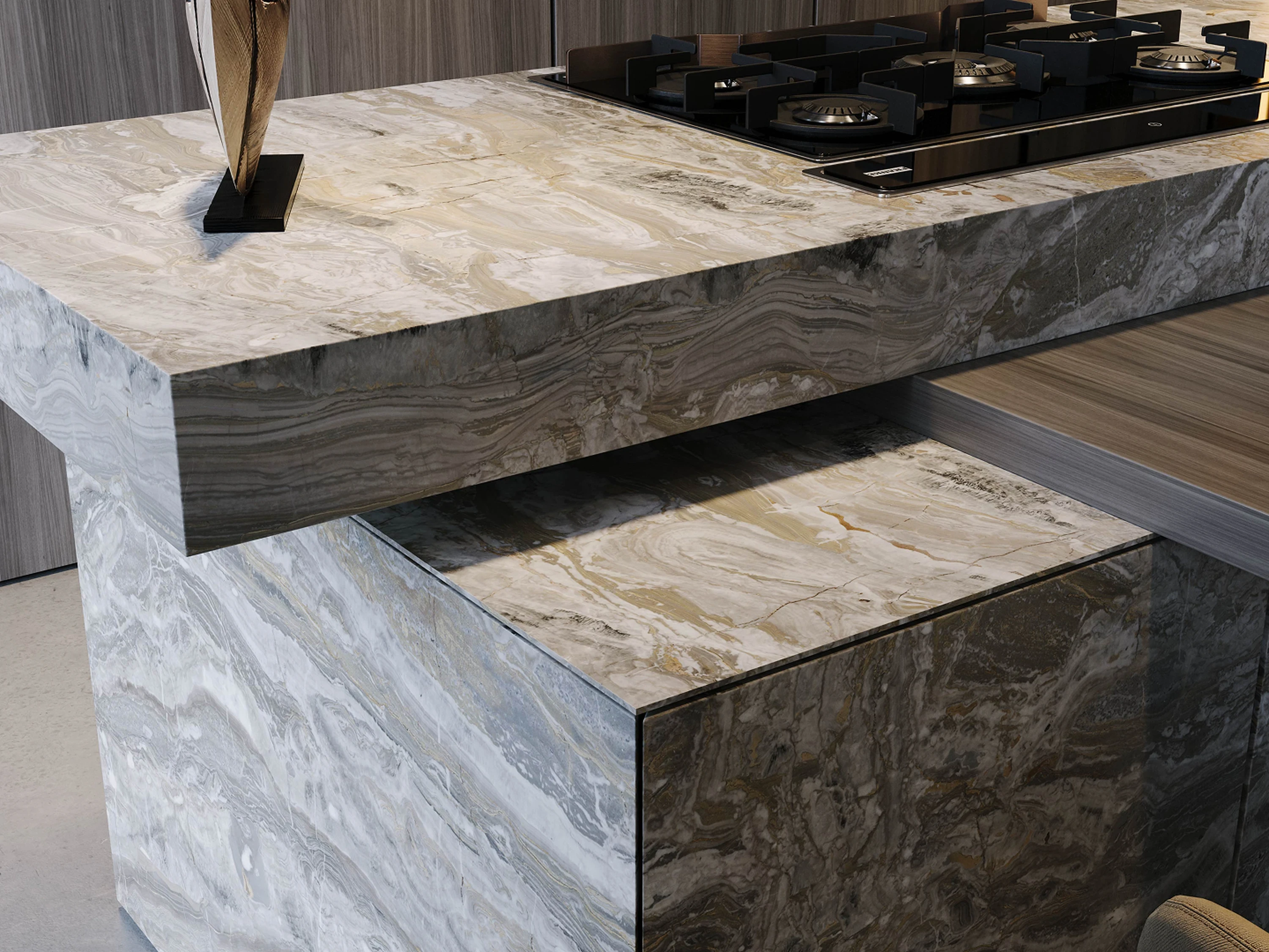 Cuisine — étagères ouvertes avec vaisselle du quotidien.