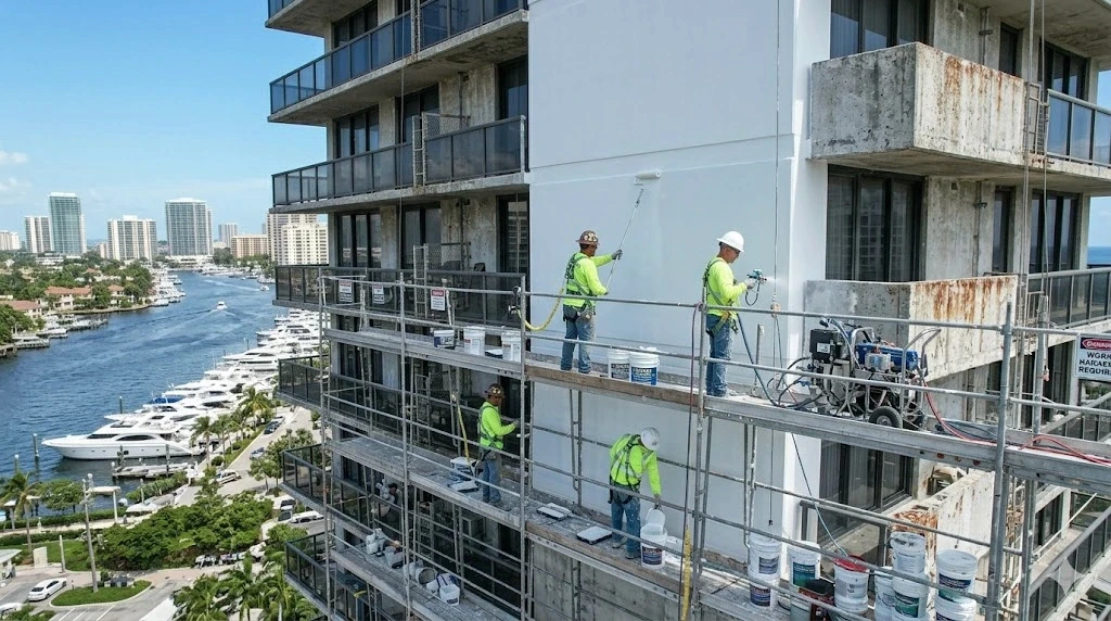 Exterior painting and elastomeric coating application on a Fort Lauderdale building — Planet Construction FL