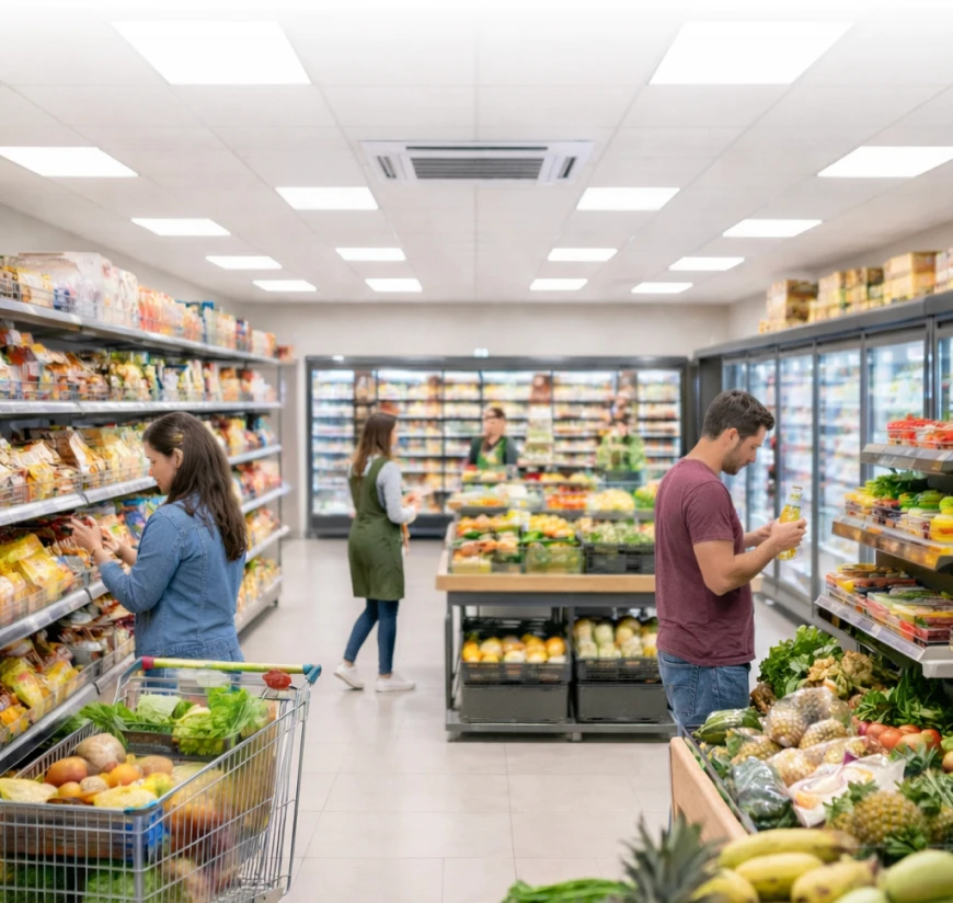 Shoppers in a grocery store aisle