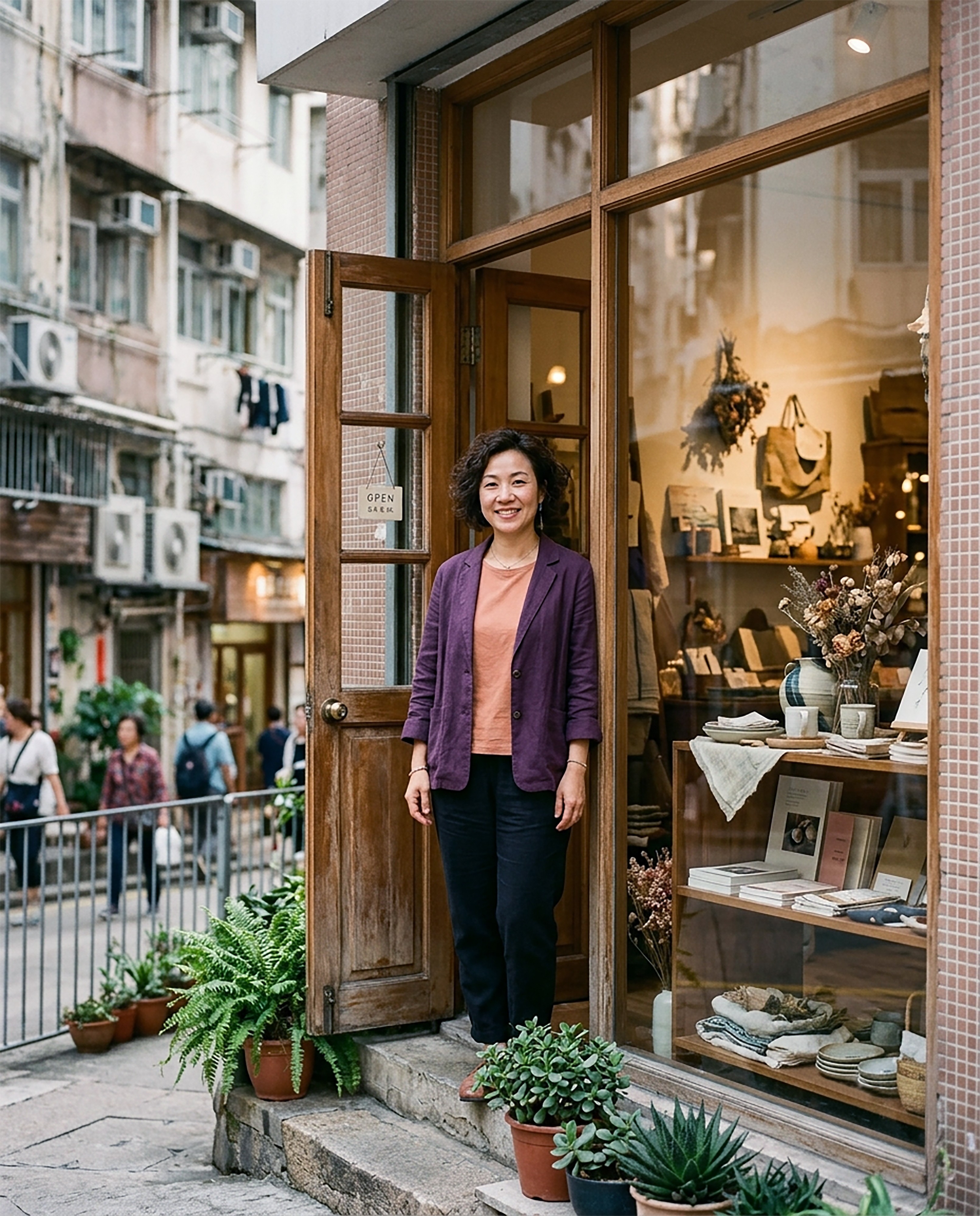 An independent Hong Kong store owner standing proudly at their shopfront, a BRB partner.