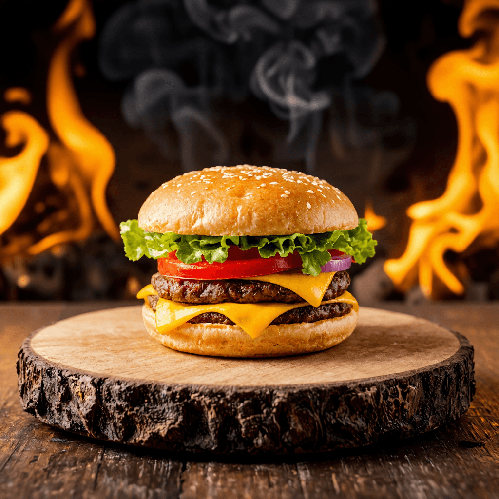 product photography of a burger with two patties, cheese, lettuce, tomato, and onion, served in a sesame seed bun