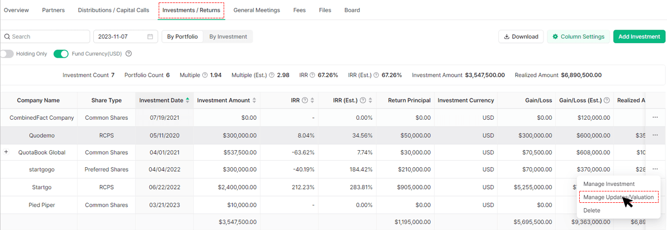Manage Updates/Valuation