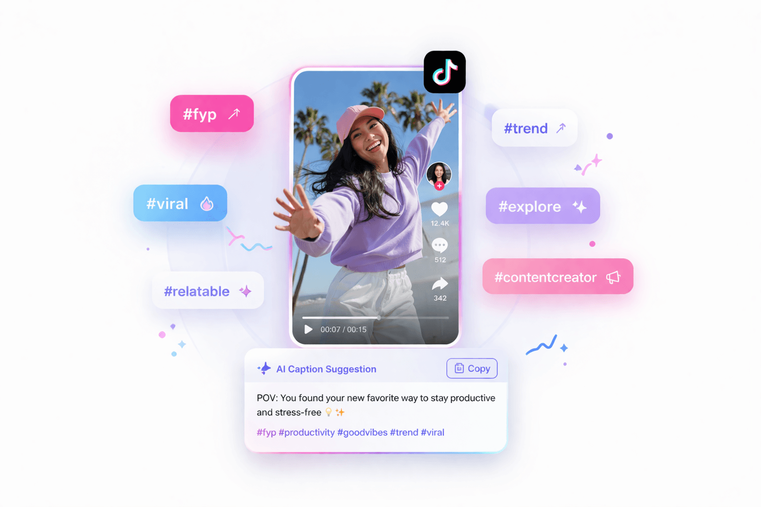 Editing interface customizing captions and hashtags for TikTok audience