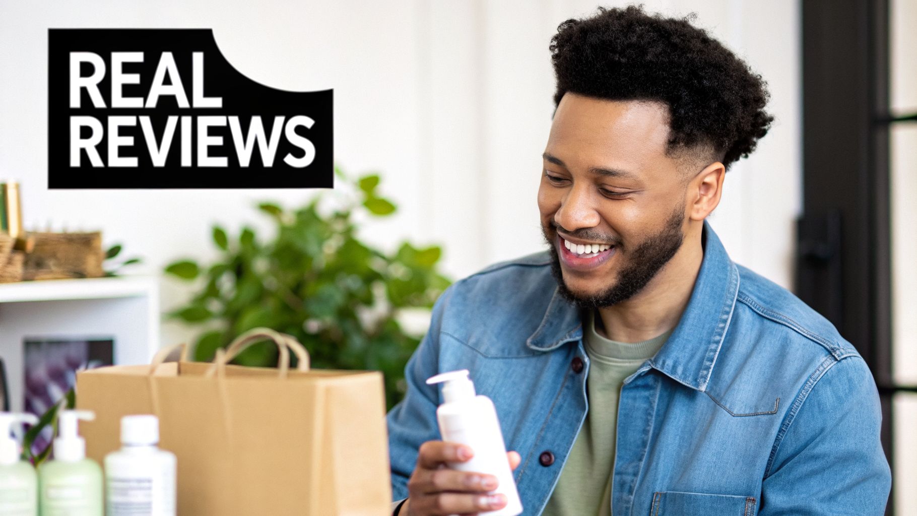Smiling man unboxing and reviewing a white product bottle with 'REAL REVIEWS' logo.
