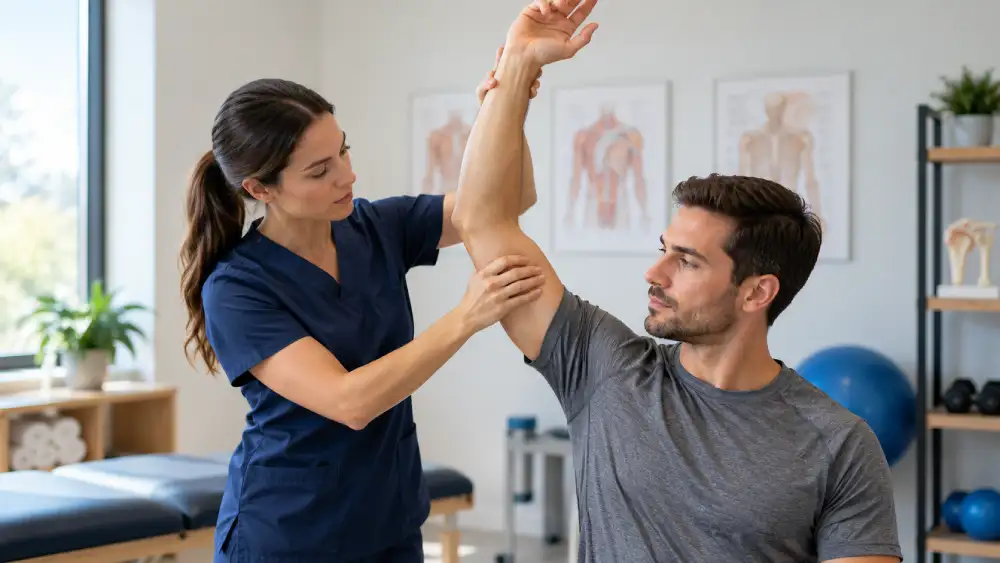 Clinician evaluating active and passive shoulder movement