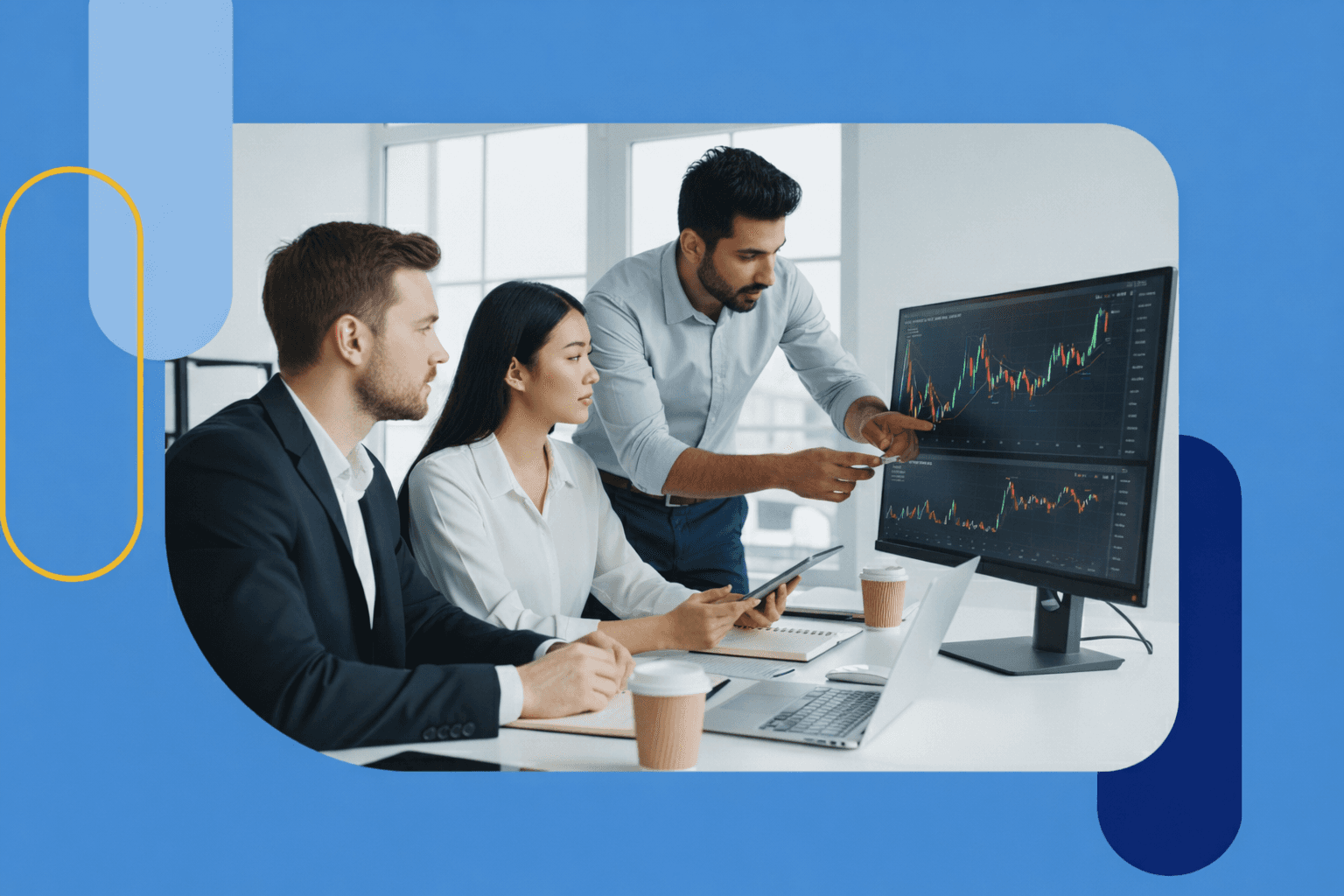 Three business professionals analyzing financial performance and market charts on a monitor in a modern office setting