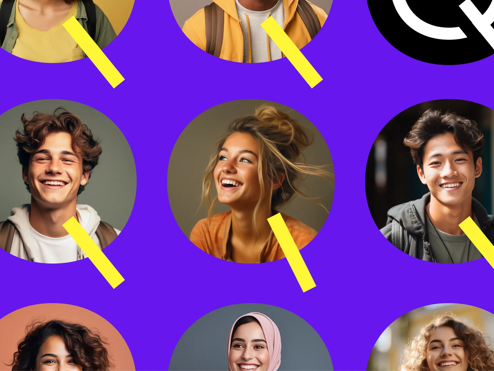 A colorful graphic featuring a grid of circles with the letter "Q" and several stylized images of individuals.