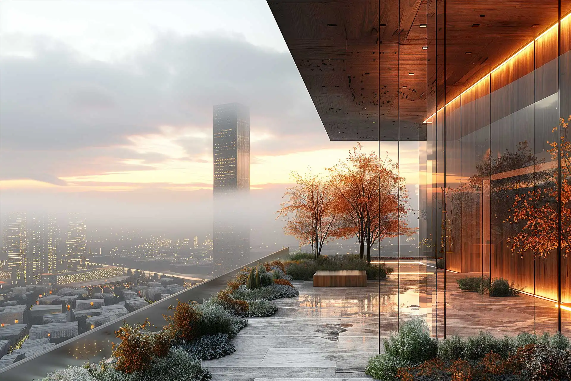 Rooftop garden with trees and plants, overlooking a cityscape at sunset with a tall building in the background