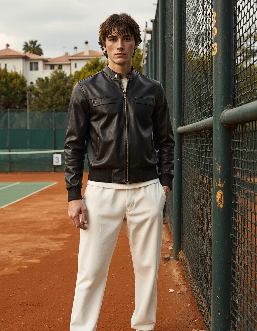 Stylish leather jacket and white trousers outfit on tennis court with clay surface and fence, showcasing elegant sporty editorial aesthetic