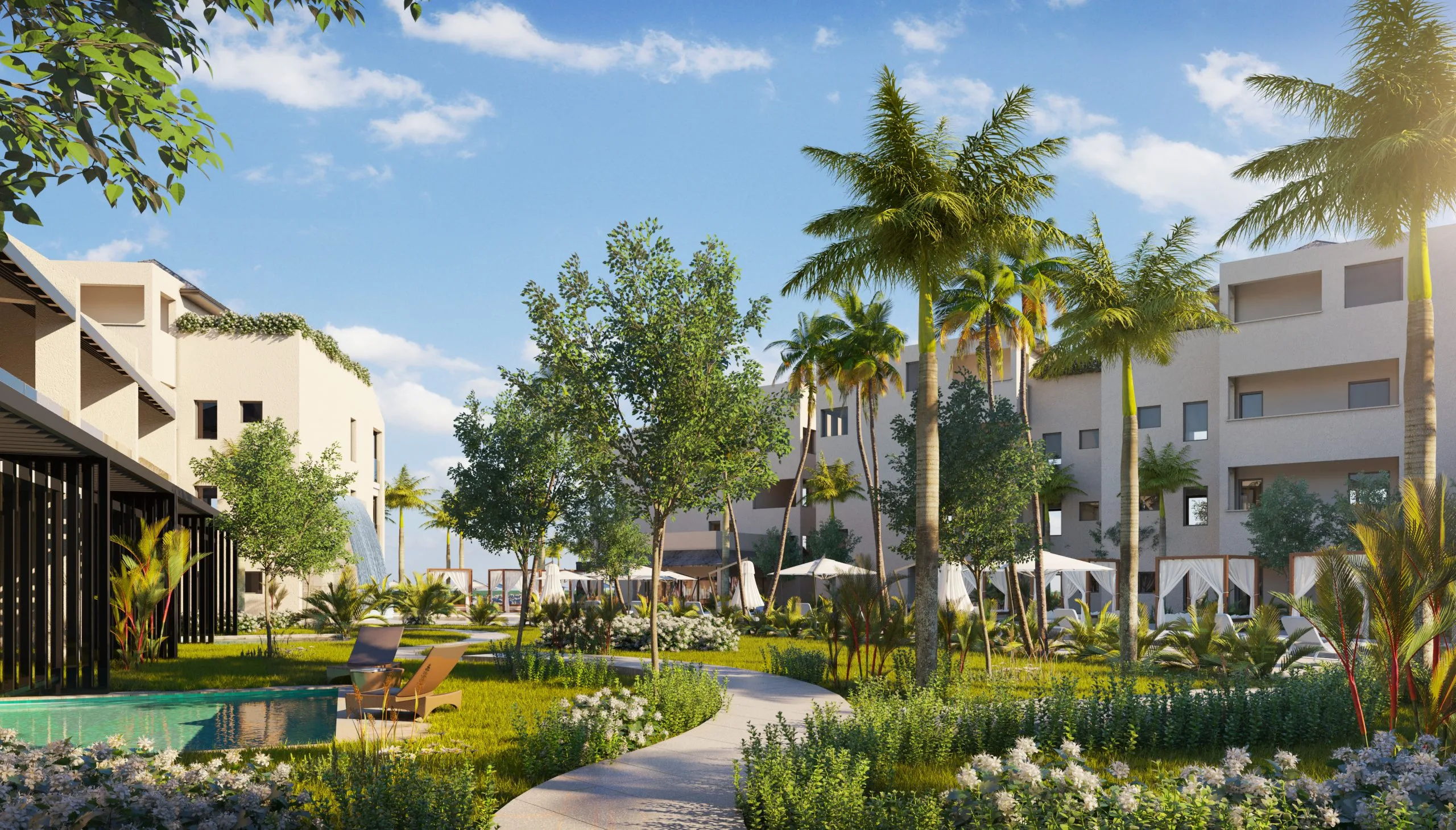 Landscaped garden pathway between hotel buildings, Bay Gardens Resort St. Lucia