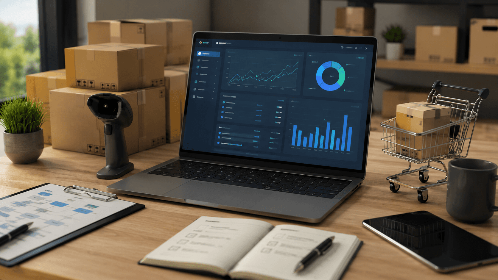 Ilustração 3D realista em formato 16:9 mostrando um ambiente moderno de operação de e-commerce B2B. Na cena há um notebook com dashboards e gráficos de vendas, caixas de envio, leitor de código de barras, clipboard com fluxo de processos, carrinho de compras em miniatura e dispositivos de gestão sobre uma mesa organizada. O cenário transmite integração entre ERP, plataforma de vendas, logística, onboarding de clientes e análise de resultados, com iluminação suave e ambiente corporativo moderno.