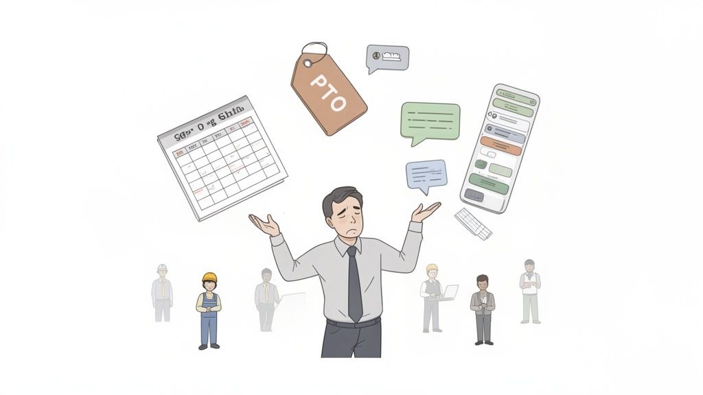Stressed manager juggles calendar, PTO, and communications for diverse workforce.