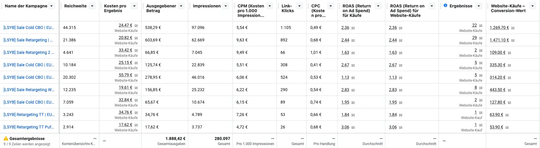 Meta Ads Performance-Dashboard für Shegy – Kampagnenergebnisse mit ROAS, Klickzahlen und Conversion-Werten im Detail