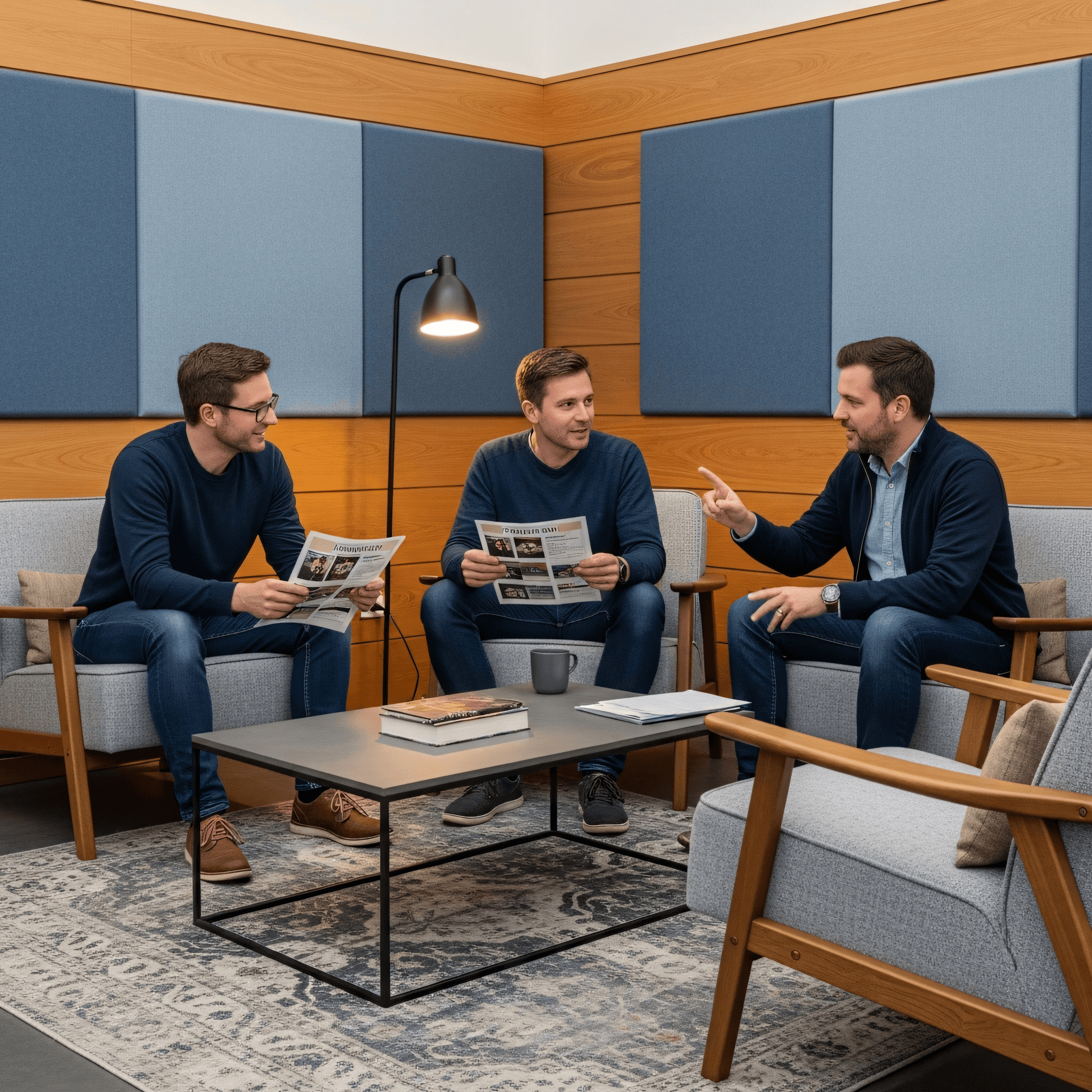 A diverse team collaborates around a table, analyzing documents and charts in a professional setting with a light green background.