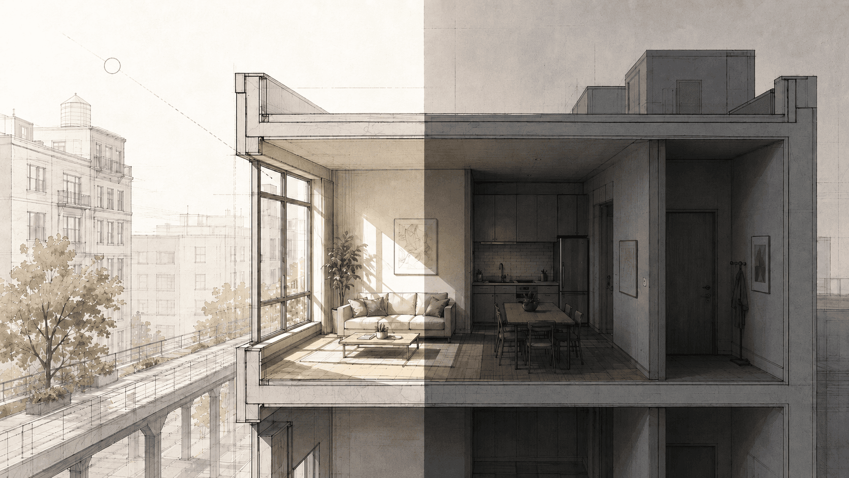 Architectural section comparing a bright, sunlit NYC apartment with a darker interior receiving limited daylight.