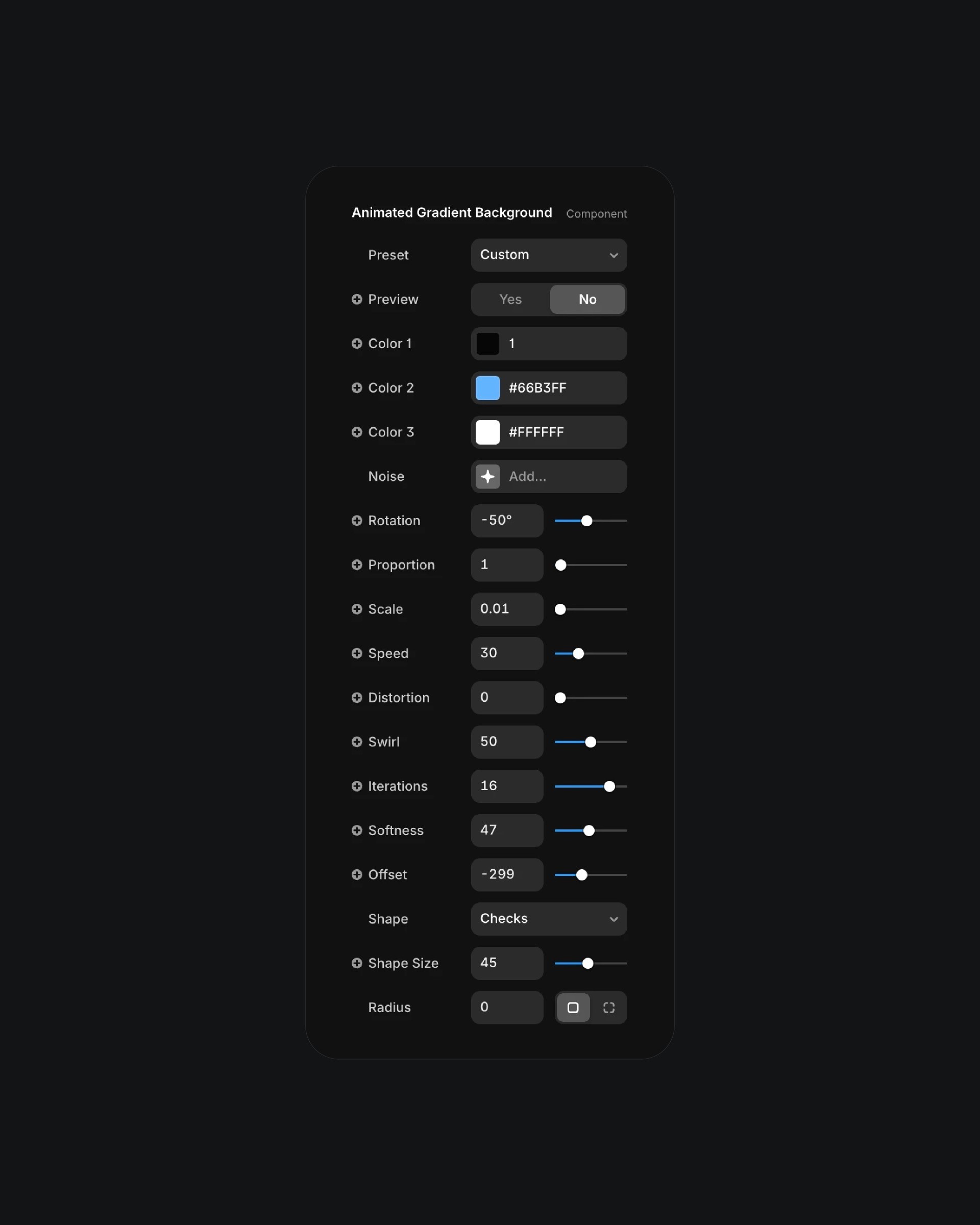 Detailed settings panel for customizing animated gradient backgrounds, showing options for colors, noise, and effects