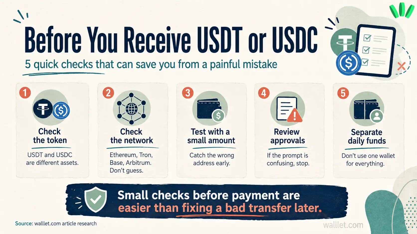Checklist before receiving USDT or USDC showing five checks: token, network, small test amount, approvals, and separating daily funds.