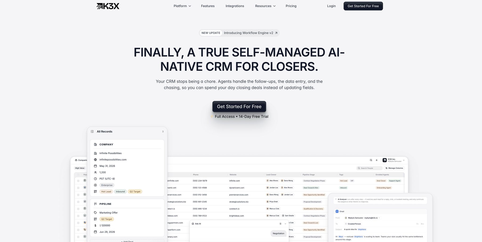 K3X AI-native CRM homepage