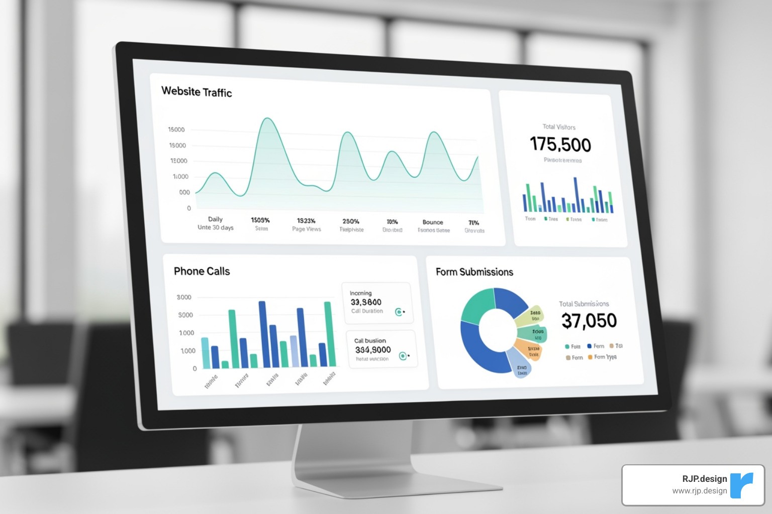 A digital dashboard showing key metrics like website traffic, calls, and form submissions - best local seo provider