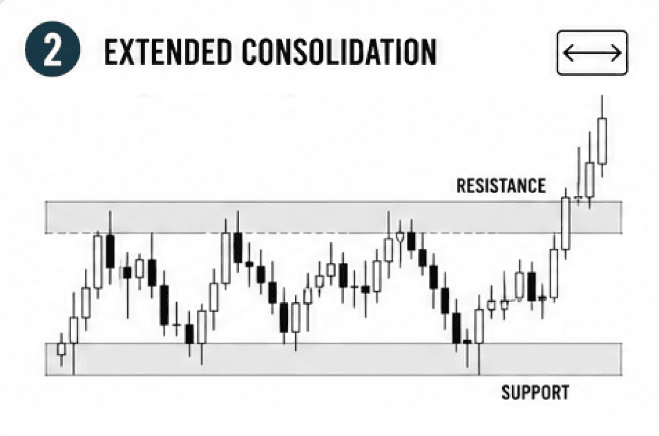 An infographic showng extended consolidation. When price oscillates sideway for a period of time because buyers and sellers are basically even. When price eventually breaks out, the top range then becomes resistance.